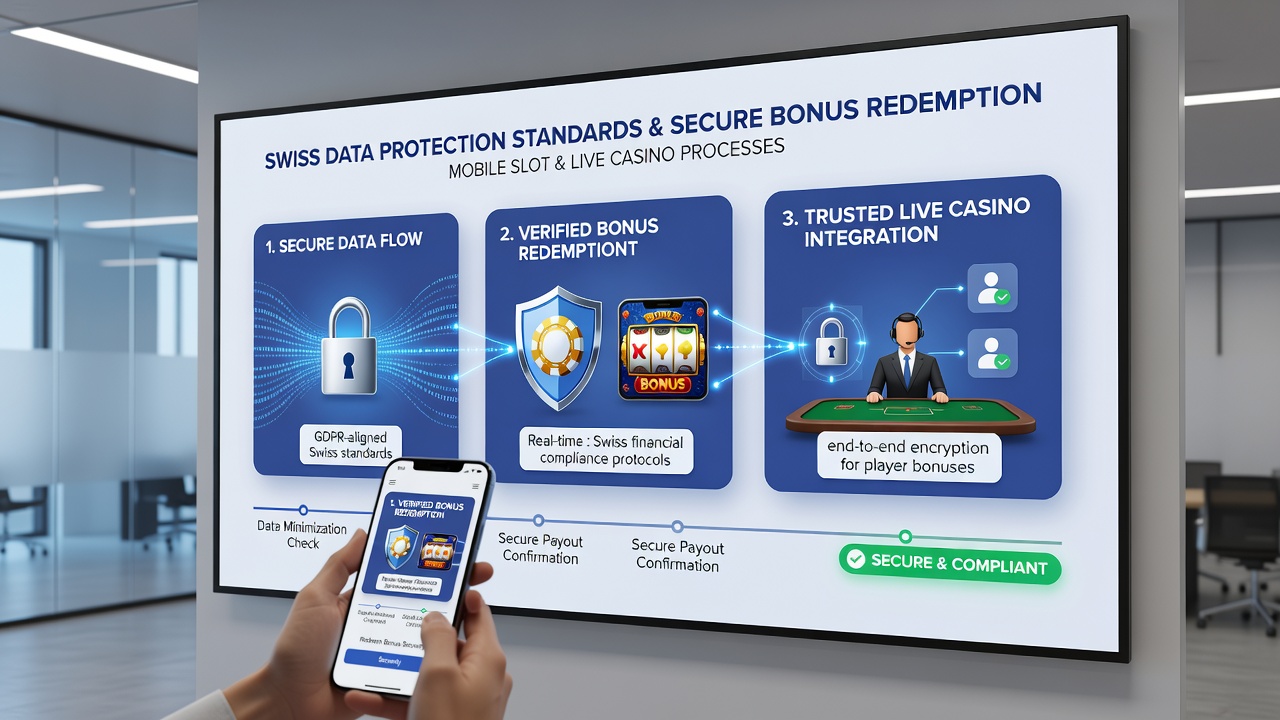 Secure data flow diagram for bonus verification in mobile slot and live game applications under Swiss regulations